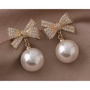 Gold Rhinestone Bow and Pearl Earrings